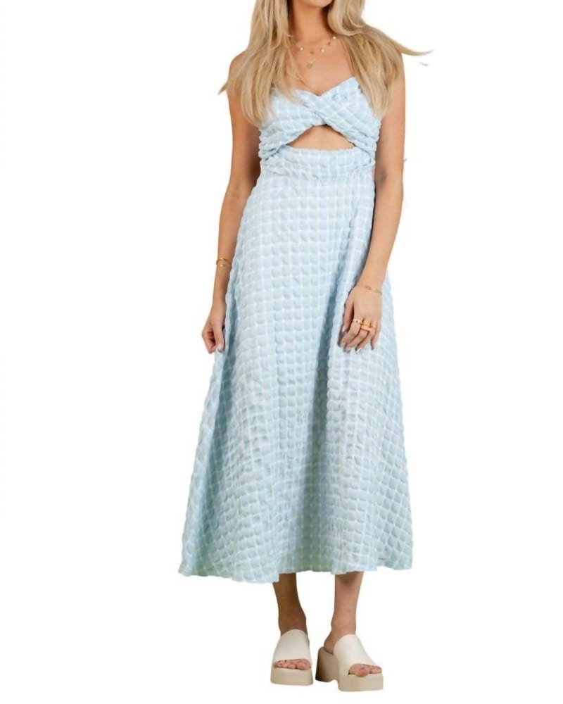 Front of a model wearing a size Large So Sweet Cut Out Dress in Cool Blue in Cool Blue by LUCCA. | dia_product_style_image_id:340414